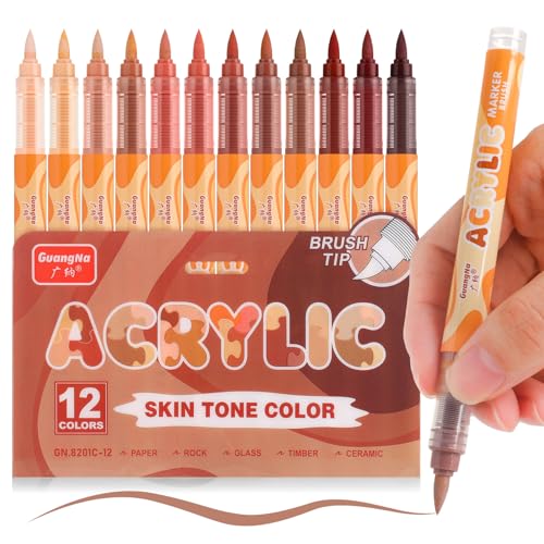 kander Guangna Acrylic Paint Markers 12 Colors, Skin Tone Series Set with Soft Brush Tip Water Based, Fine Tip Markers for Wood, Canvas, Rock Painting, Glass, Diy Crafts, Fabric Paint - color: Brown Beige