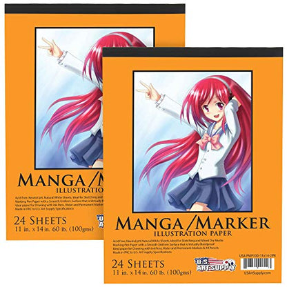 U.S. Art Supply 11’ x 14" Premium Manga Marker Paper Pad (2 Pack, 48 Sheets Total) - 60lb (100gsm) Drawing Sketchbook for Alcohol & Acrylic Paint Markers - size: 11" x 14"