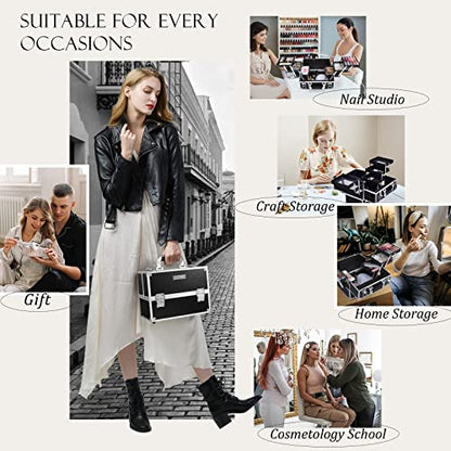 FRENESSA Makeup Train Case Makeup Case 11.8 Inch Large Cosmetic Box Organizer Travel Storage Professional Make Up Train Carrying Case with 6 Trays Locking Hard Vanity Storage Black - color: Black