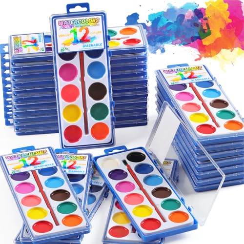 24 Packs Watercolor Paint Set Bulk, 12 Vibrant Colors Washable Watercolors with Brushes for Kids, Art Activities Painting Supplies for School Classroom Home