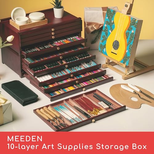MEEDEN 10-Drawer Wood Artist Supply Storage Box, Portable Beechwood Multifunctional Pencil Brush Organizer Wood Box with Drawer&Compartments for Pastels, Pencils, Pens, Makeup Brushes(Deep Walnut) - size: 10 Layer Drawers