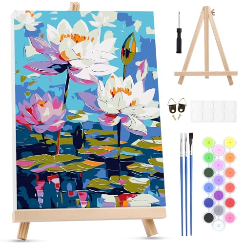 MXJSUA Water Lilies Framed Paint by Numbers for Adults Beginners, Easy Adults' Paint-by-Number Kits on Canvas with Easel, Acrylic Number Painting Crafts Gifts for Home Decor, 8x12 inch - color: Water Lilies