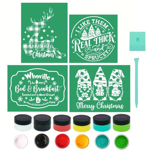 12PCS Christmas Silk Screen Stencils,Christmas Chalk Paste and Transfers Stencil Winter Self Adhesive Stencils Reusable for Painting on Wood,Fabric,Home Decor,Chalk Paste Paint Mini Squeegees Set - color: 12 PCS chak paste starter kit