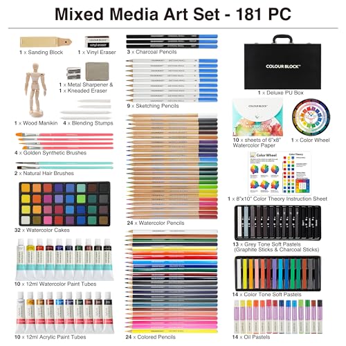 COLOUR BLOCK 181-Piece Mixed Media Art Set in PU Leather Case for Drawing Sketching Painting, Soft Oil Pastels, Acrylic Watercolor Paints, Pencils, Art Supplies Kit for Artists, Professional, Adults, Beginner