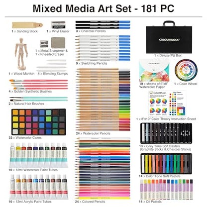 COLOUR BLOCK 181-Piece Mixed Media Art Set in PU Leather Case for Drawing Sketching Painting, Soft Oil Pastels, Acrylic Watercolor Paints, Pencils, Art Supplies Kit for Artists, Professional, Adults, Beginner