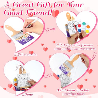 Skyygemm 24 Sets Valentines Day Gifts for Kids Valentines Cards Mini Painting Canvas Panel with Wooden Easel Watercolor Paints Brush Kit for School Classroom Exchange Gifts(Animal) - style: Animal