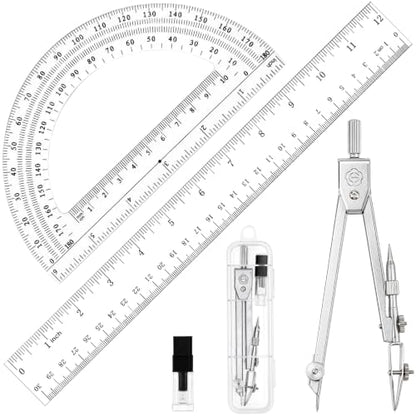 Coopay 3 Pcs Plastic 12 Inch Ruler, Clear Protractor and Compasses Set | Clear Ruler, Protractor and Compass set, Geometry, Durable, Drawing, Measuring, Math, Art, Classroom, School, Student - size: 3 Pcs Geometry Math Tool
