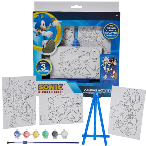 Sonic the Hedgehog Canvas Paint Set with 3 Canvases, Paint & Easel for Kids | 3 Preprinted Canvases, 6 Acrylic Paints, Paintbrush & Easel, DIY Sonic Coloring, Wall Art, Arts & Crafts Activity for Kids - color: Sonic
