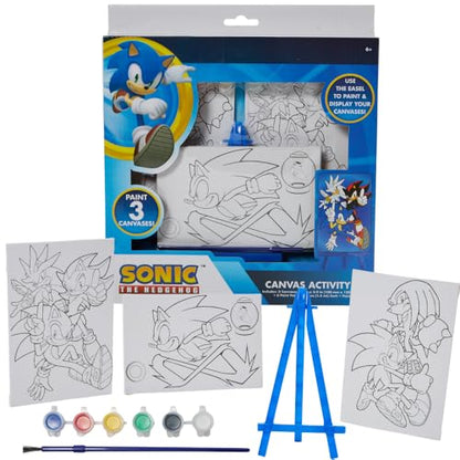 Sonic the Hedgehog Canvas Paint Set with 3 Canvases, Paint & Easel for Kids | 3 Preprinted Canvases, 6 Acrylic Paints, Paintbrush & Easel, DIY Sonic Coloring, Wall Art, Arts & Crafts Activity for Kids - color: Sonic
