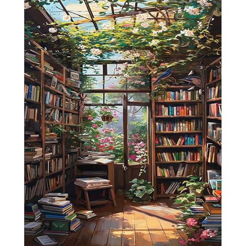 HITO Bookshelf Paint by Number for Adults-Paint by Numbers for Adults Landscape, Scenery Paint by Numbers for Gift Home Wall Decor (Bookshelf, 16x20 inch) - color: Bookshelf