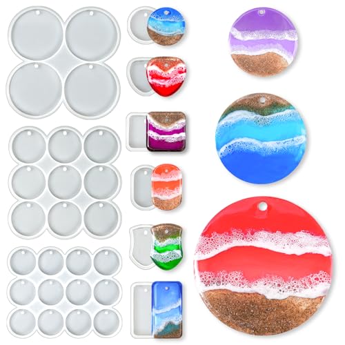 YODOYO 31-Cavity Silicone Resin Mold Set, Flat Circle, Square and Oval Keychain Molds, Round Earring with Hole and Jewelry Casting Molds for Epoxy Resin, DIY Pendant, Necklace, Pet Tag Mould