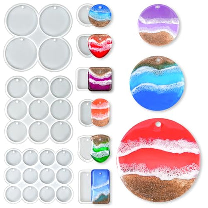 YODOYO 31-Cavity Silicone Resin Mold Set, Flat Circle, Square and Oval Keychain Molds, Round Earring with Hole and Jewelry Casting Molds for Epoxy Resin, DIY Pendant, Necklace, Pet Tag Mould