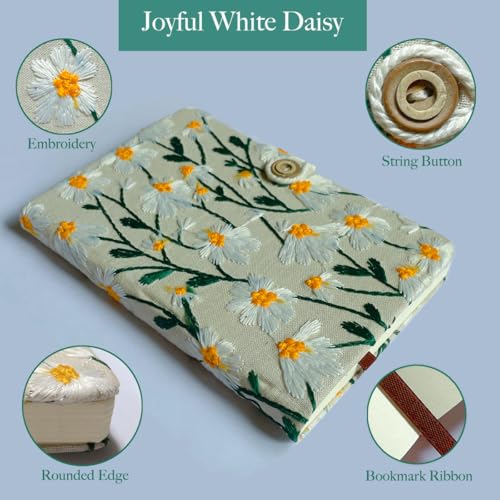 Pocket Journal, Small Notebook, A6 Sketchbook, 4x6 Notebook Unlined, Flower Embroidered Notebook, Blank, Hardcover, Lay Flat, Beautiful Journal, Daisy Gifts for Women, White Daisy - color: A6-button-white, style: Plain