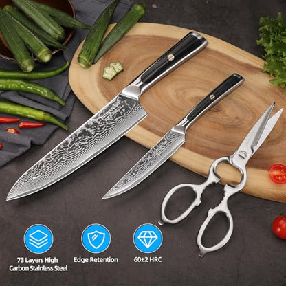 Sunnecko Kitchen Knife Set of 3, Chef Knife Set Damascus Steel Knives Set for Kitchen Sharp VG10 Corn, Full Tang with Gift Box - size: Set of 3-8 Inch