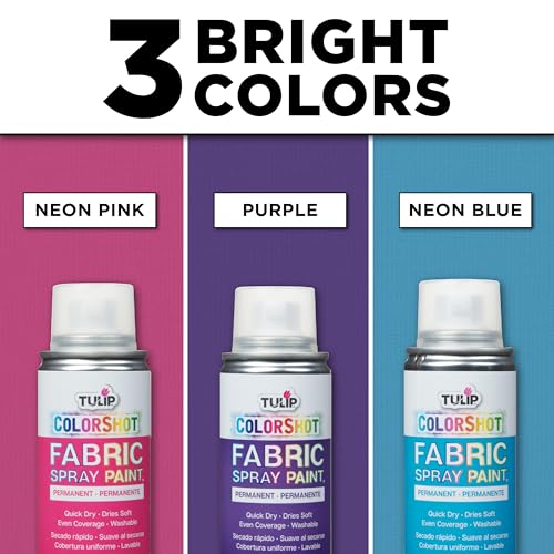 Tulip ColorShot Instant Fabric Spray Paint, Permanent Color Spray-On Fabric Paint, 3 oz Brights 3 Pack, Neon Pink, Purple, Neon Blue