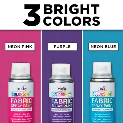 Tulip ColorShot Instant Fabric Spray Paint, Permanent Color Spray-On Fabric Paint, 3 oz Brights 3 Pack, Neon Pink, Purple, Neon Blue