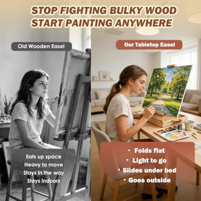 Tabletop Easel for Painting, Adjustable Beechwood Sketchbox with Large Capacity Storage, Portable Desktop Art Easel Stand, Travel Station with Detachable Shoulder Strap for Adults, Artists & Beginners