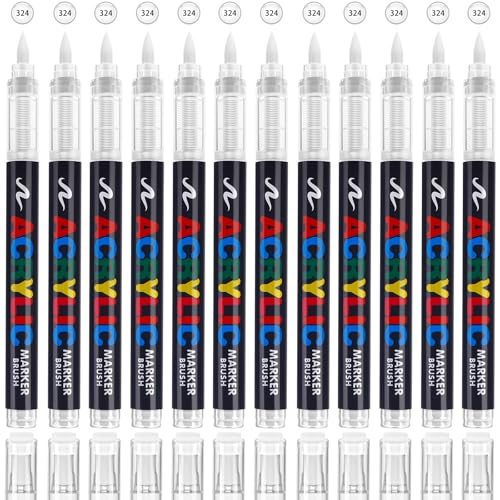 12 Pack Acrylic Paint Pens Set - Black Acrylic Paint Markers, White Acrylic Paint Pen Markers, Brush Tip for Stone,Paper,Wood,Glass,Fabric Paint,DIY Crafts (White) - color: White