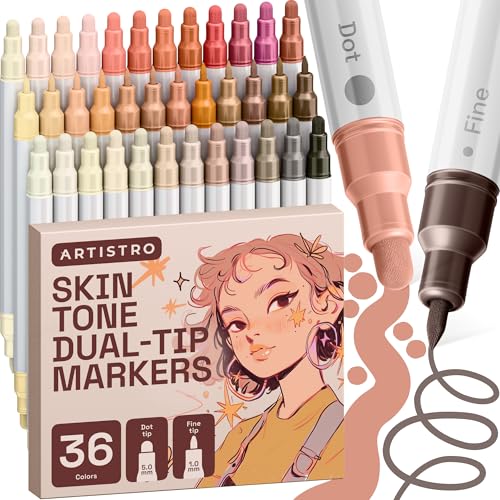ARTISTRO 36 Skin Tones Dual-Tip Acrylic Paint Markers – Paint Pens Set with Dot & Fine Tips for Fabric, Rock, Glass, Wood, Coloring Books – Arts & Crafts Gift – Classroom Must Haves & School Supplies - style: Skin Tones