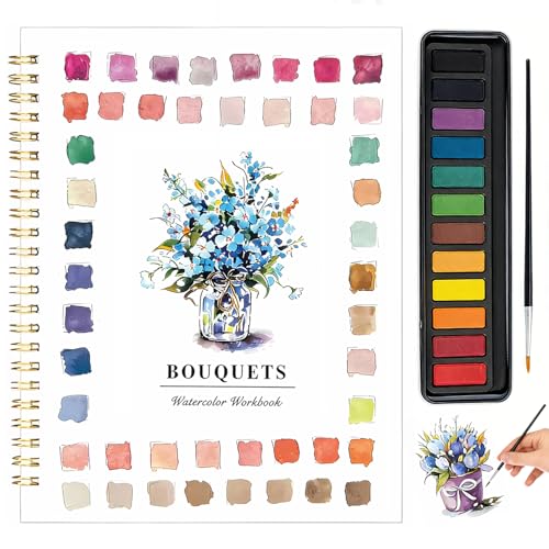 Watercolor Workbook for Beginners - Complete Watercolor Painting Kit with 12 Color Paint Set & Brush | Step-by-Step Art Book for Adults, Hobby Gift for Friends. - color: Bouquets