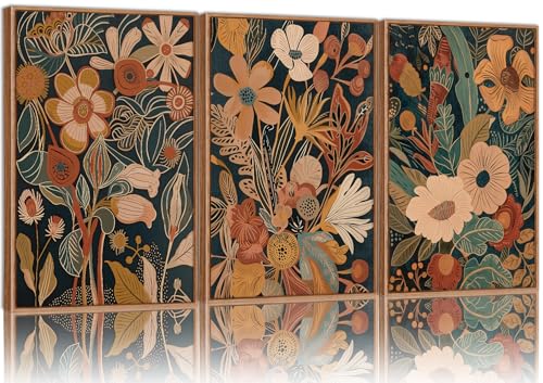 Tinonedraw Burnt Orange Floral Framed Canvas Wall Art Set of 3, Boho Chic Flower Artwork, Mid Century Modern Wall Decor, Colorful Neutral Botanical Art Prints for Bedroom Living Room Office 24"x36" - color: Boho Flower, size: 36L" x 24W"