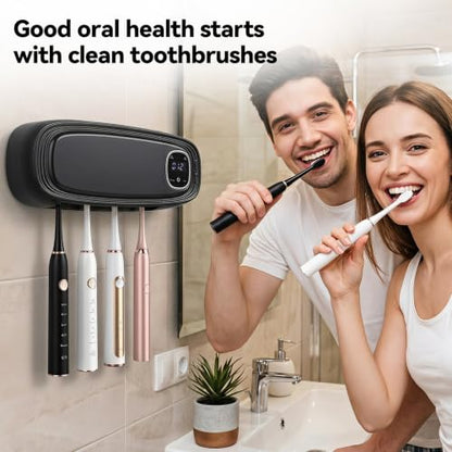 OTraki Black Wall Mounted Toothbrush Holders with Stainless Steel Rack, 4 Slots Toothbrush Holder Rechargeable Toothbrush Cleaner Holder with Fan Drying, No Drill Install