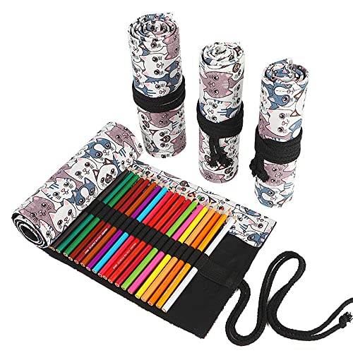 DIYOMR 24/36/72 Slots Pencil Wrap Pencil Rolls, Artist Colored Pencils Roll Up Bag Short Brushes Pouch Case Pencils Organizer for Drawing Coloring and Sketching (Big Headed Cat, 72slots) - color: Big Headed Cat, size: 72slots