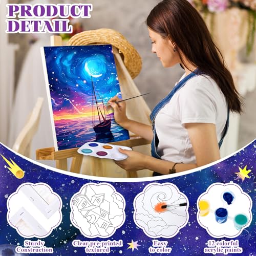 Humyoun 8 Sets 8" x 10" Starry Sky Pre Drawn Canvas to Paint for Sip and Paint Party Starry Sky Predrawn Coloring Set Pre Sketched Canvas Boards with Paints and Brushes for Adult - style: Starry Sky