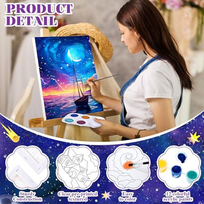 Humyoun 8 Sets 8" x 10" Starry Sky Pre Drawn Canvas to Paint for Sip and Paint Party Starry Sky Predrawn Coloring Set Pre Sketched Canvas Boards with Paints and Brushes for Adult - style: Starry Sky