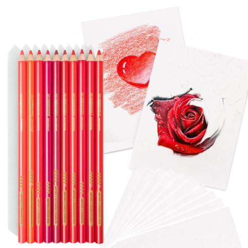 Woomer 10 Red Colored Pencils, High Pigment + 20 Pro Fine Grain Paper | Oil based Colored Pencils for Smooth Blending Layering Sketching, Fine Grain Texture Sheets Artist Grade - color: Red