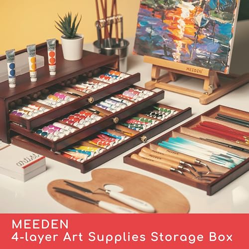 MEEDEN 4-Drawer Wood Artist Supply Storage Box, Portable Beechwood Multifunctional Pencil Brush Organizer Wood Box with Drawer&Compartments for Pastels, Pencils, Pens, Makeup Brushes(Deep Walnut) - size: 4 Layer Drawers
