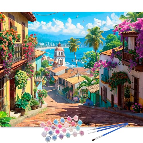 TOCARE Paint by Numbers Kit for Adults Beginner,Mediterranean Street Paint by Number Canvas for Audlts,Adults' Paint-by-Number Kits Seaside Village to Beach for Home Wall Decor 16x20inch - color: TC-OPC-78