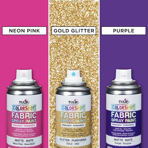 TULIP ColorShot Fabric Spray Paint, 3 Pack Jewel Tone Gem Colors Neon Pink, Glitter Gold, Purple
