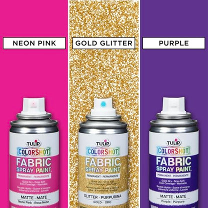 TULIP ColorShot Fabric Spray Paint, 3 Pack Jewel Tone Gem Colors Neon Pink, Glitter Gold, Purple