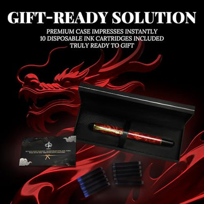 YUNCHUN Red Dragon Fountain Pen for Writing, Refillable Luxury Metal Pens, Fancy Ink Pen with 10 Black and 10 Blue Ink Refills, Gift Sets for Men and Women, Business Writing Pen with Marble Grain - color: Red Marble Grain