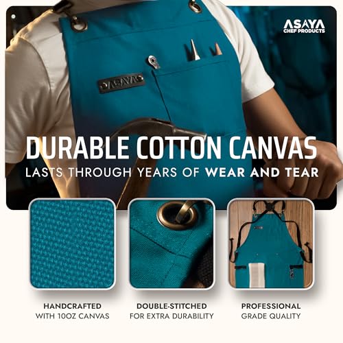 Asaya Chef and BBQ Apron with Bottle Opener and Hand Towel - 10oz Cotton Canvas, Stainless Steel Hardware - Cross Back Straps - color: Blue-green