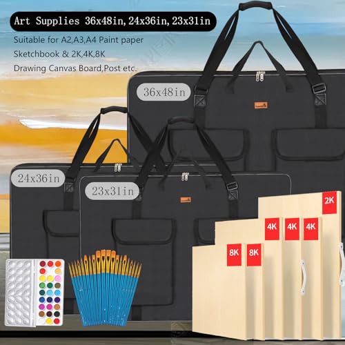 TreochtFUN Art Portfolio Bag 36 x 48 in - Waterproof Artist Carrying Bag Soft Side Sturdy with Strap, Heavy Duty Storage for Artwork Drawing Canvas Poster,(Black) - size: 36 x 48