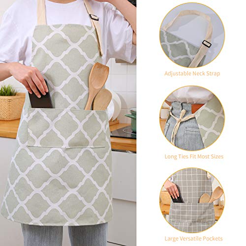 Tosewever 2 Pieces Cotton Linen Waterproof Bib Kitchen Apron with Pockets - Long Ties Adjustable Neck Strap - Unisex BBQ Cooking Drawing Crafting Aprons for Women Chef (Grey/Green, 2) - color: Grey/Green