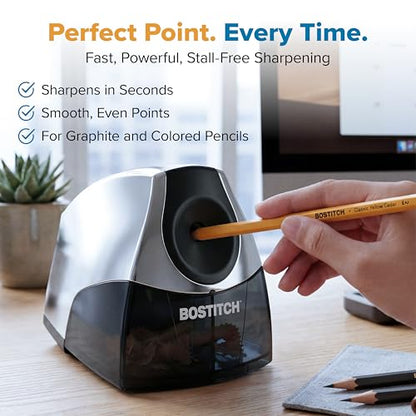 Bostitch Office Electric Pencil Sharpener for Classroom & Desk Use, Heavy-Duty Stall-Free Motor, High-Capacity Shavings Tray, Chrome - color: Chrome