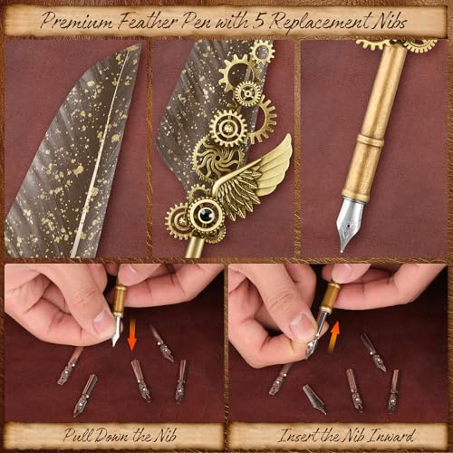Quill Pen and Ink Set,Calligraphy Pen Set for beginners,Feather Pen Set with Leather Notebook,Pen Holder,5 Replaceable Nibs,Bookmark,Letter Writing Kit & Wax Seal Stamp Kit-Calligraphy Pens Gift Set