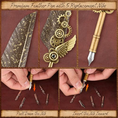 Quill Pen and Ink Set,Calligraphy Pen Set for beginners,Feather Pen Set with Leather Notebook,Pen Holder,5 Replaceable Nibs,Bookmark,Letter Writing Kit & Wax Seal Stamp Kit-Calligraphy Pens Gift Set
