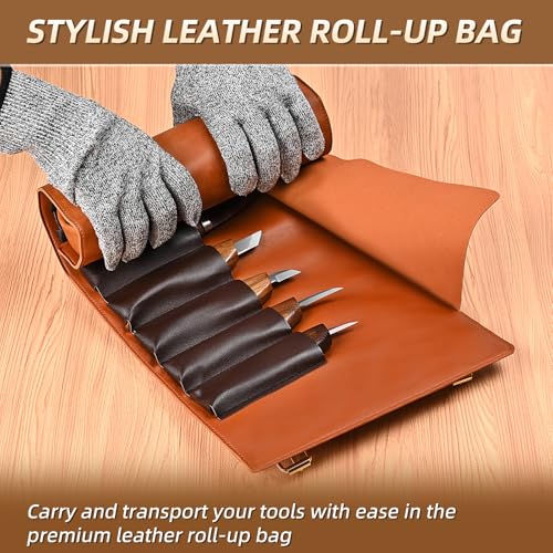 IMYMEE Deluxe Wood Carving Kit - 21Pcs Wood Carving Tools with Leather Storage Bag,Wood Carving Tools Set with 8Pcs Whittling Knives, 8Pcs Detail Carving Knives,Wood Whittling Kit for Beginners - color: Brown
