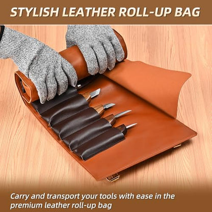 IMYMEE Deluxe Wood Carving Kit - 21Pcs Wood Carving Tools with Leather Storage Bag,Wood Carving Tools Set with 8Pcs Whittling Knives, 8Pcs Detail Carving Knives,Wood Whittling Kit for Beginners - color: Brown