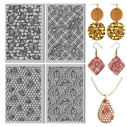 4 Sheets Insects Clay Texture Mat Artistic Textures Polymer Clay Texture Sheets DIY Tools for Pottery Earring Jewelry Making Stamp Engraving Machines, 3.9x2.6inch - color: Insects