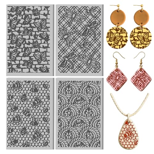 4 Sheets Insects Clay Texture Mat Artistic Textures Polymer Clay Texture Sheets DIY Tools for Pottery Earring Jewelry Making Stamp Engraving Machines, 3.9x2.6inch - color: Insects