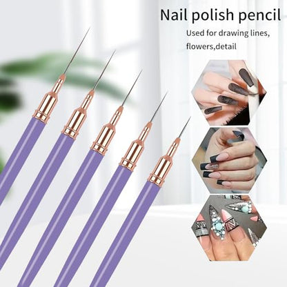 5PCS Liner Brushes for Nails, Nail Art Liner Brushes Set, 6/9/12/15/18mm Thin Detail Brush for Long Lines & Fine Drawing, UV Gel Polish Painting Nail Design Tools - Purple - color: Purple