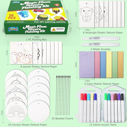 Tibibee 58 Pcs Magic Foam Texture Painting Kit, Magic Puffy Paint Kit–32 Pcs Foam Texture Paper, 12 Acrylic Markers, Magical 3D Effect Texture DIY Painting Set, Great Gifts for Kids Ages 3–8