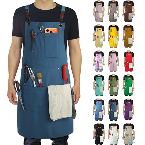 Kitchen Apron, Work Apron, Canvas, Multiple Pockets, Gardening, Painting, BBQ, Artist, Carpenter, Sizes M to XXL, Blue - color: Blue