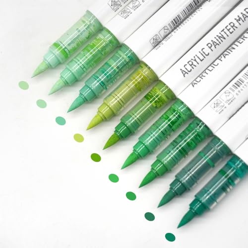 Water Based Acrylic Paint Markers Green, 9 Colors Acrylic Paint Pens Set with Soft Brush Tip, Marker Pen for Rock Painting, Egg, Wood, Glass, Paper, Mugs, Acrylic Painter Ink (Green Series) - color: Green Series