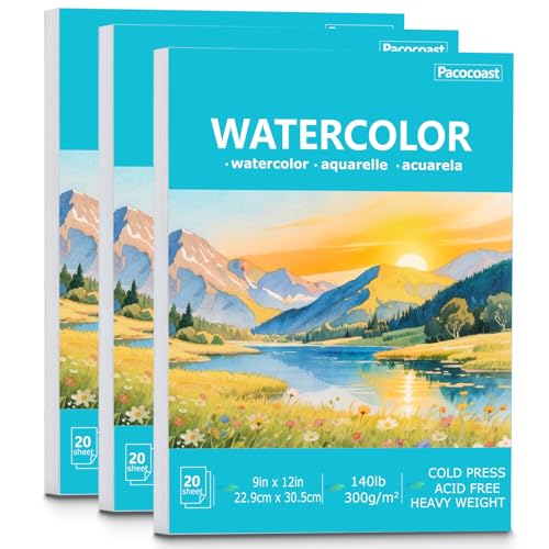 Pacocoast 9"X12" Watercolor Paper - Pack of 3 (60 Sheets), Bulk School Supplies for Arts & Crafts Water Color Pads for Finger Paint, Artist Sketch Coloring Painting Drawing Book Paper, Teal - color: Teal, size: 9" x 12"(Pack of 3)